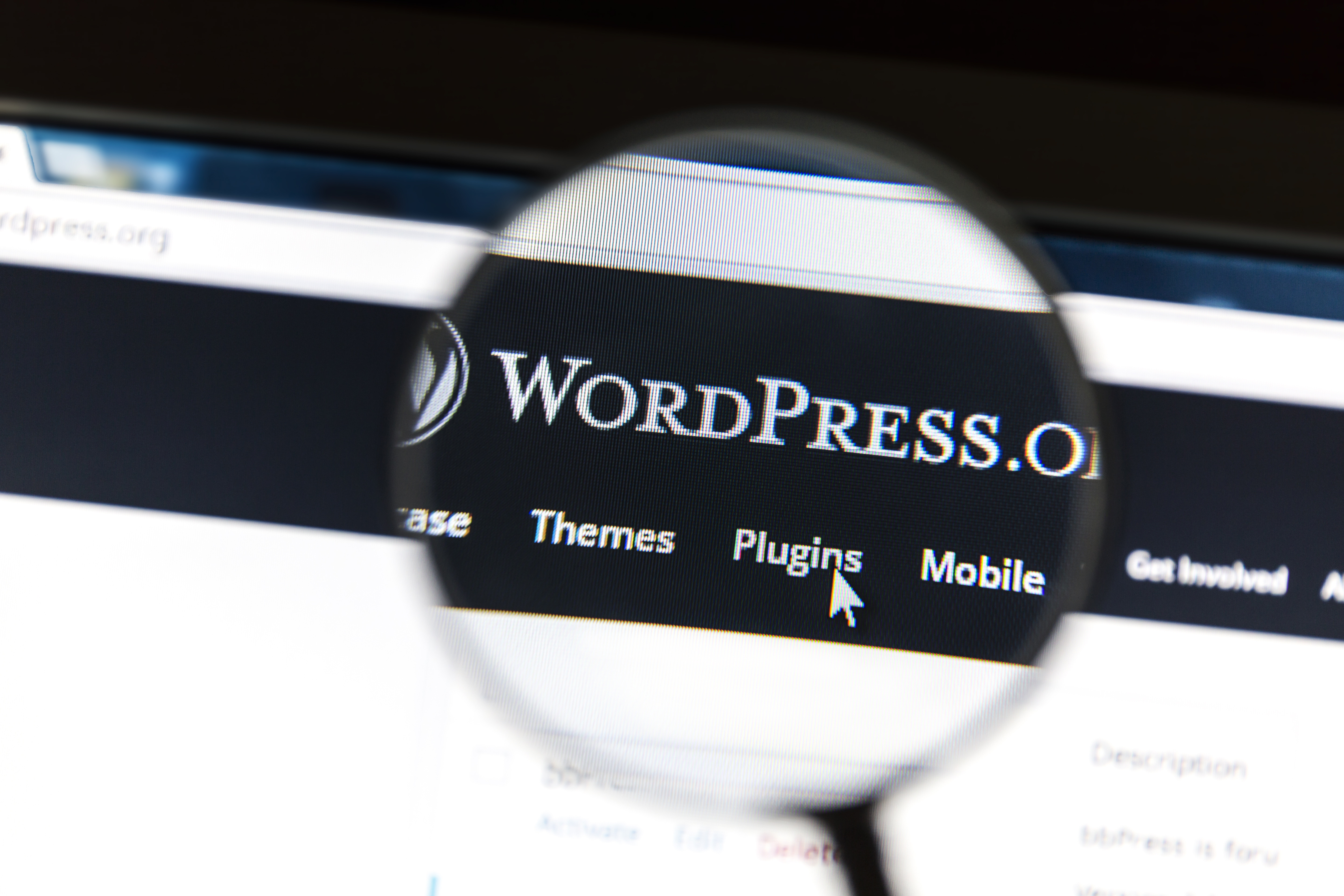 Close up of Wordpress website under a magnifying glass. WordPress is a free and open source blogging tool.